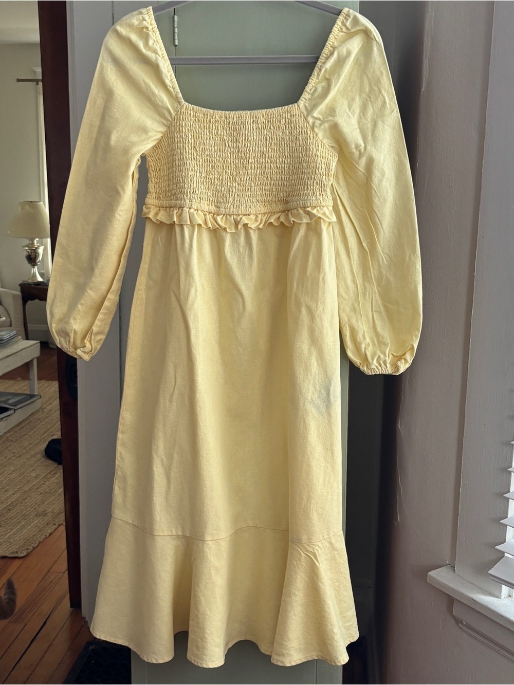 7 for all Mankind Linen / Cotton Butter Yellow Puff Sleeve Smocked Midi Dress